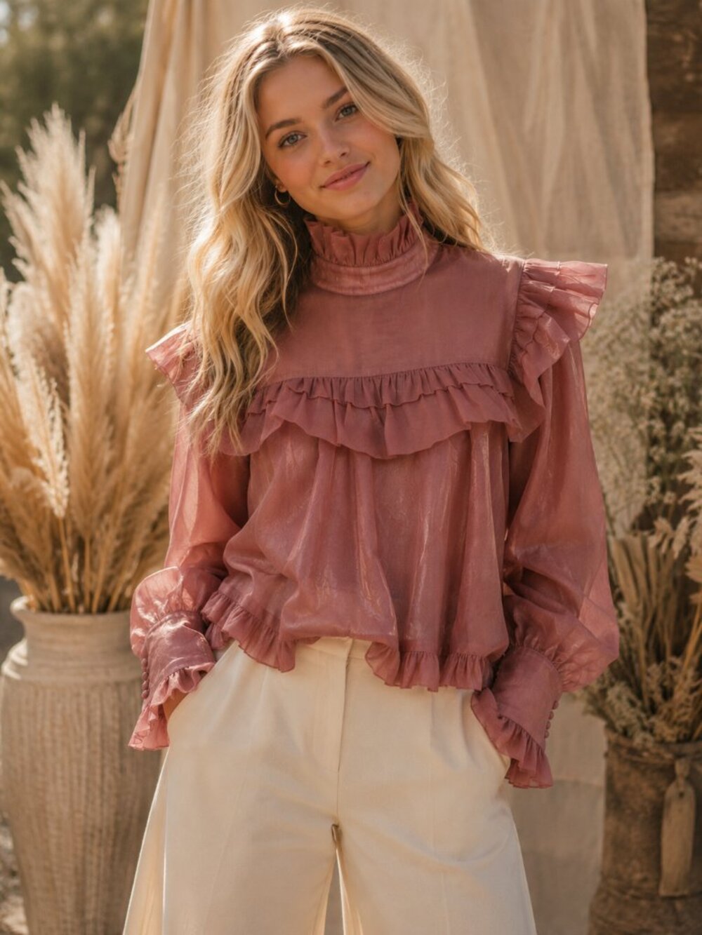 Sister Jane Boho Romantic Dusty Rose Sheer High Neck Ruffle Top Size Small NWT